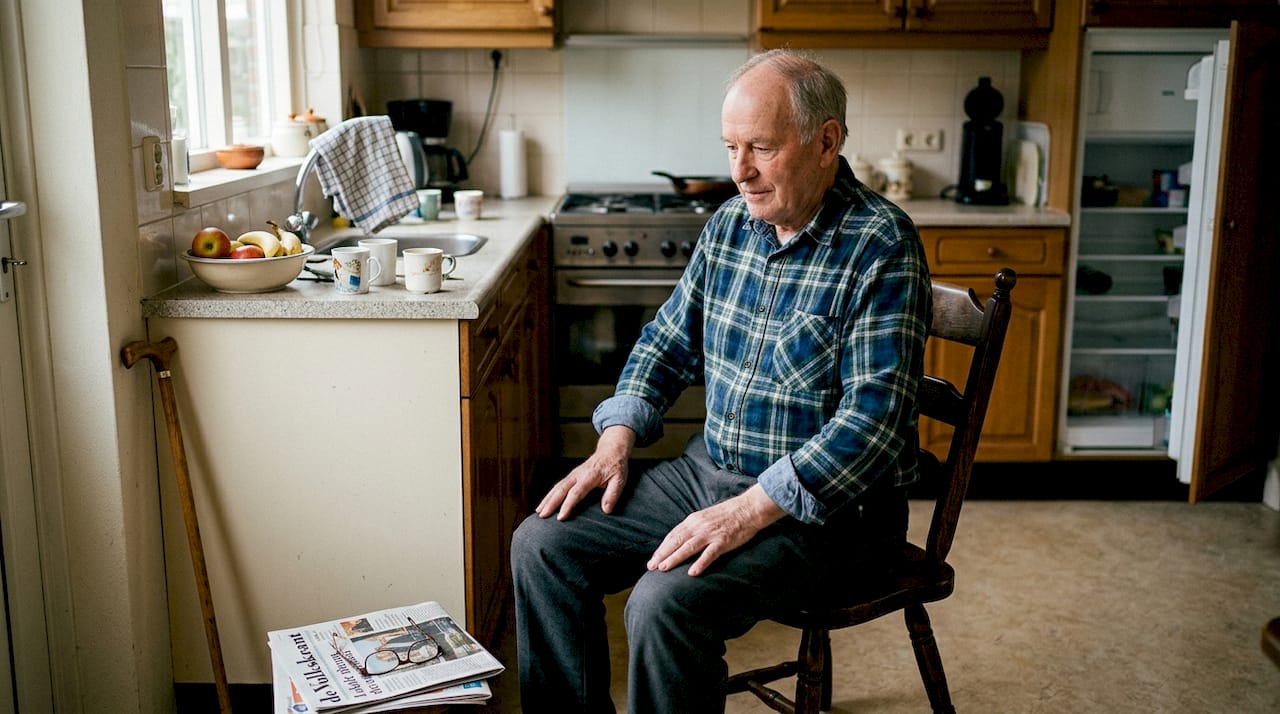 Een oudere man staat in de keuken en maakt rustige schouderdraaiingen.