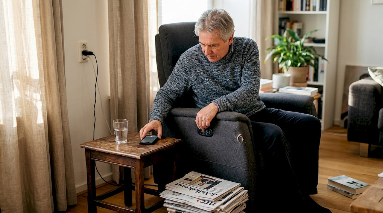 Man test de elektrische functies van zijn relaxfauteuil
