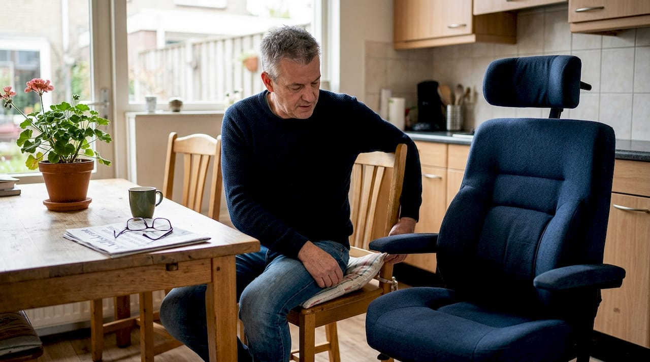 Een man zit aan tafel op een gewone eetkamerstoel, met naast hem een zorgstoel.