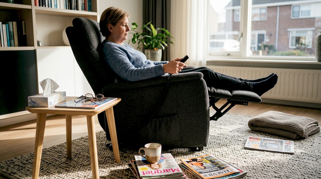 Een vrouw verstelt haar relaxstoel met de elektrische bediening.