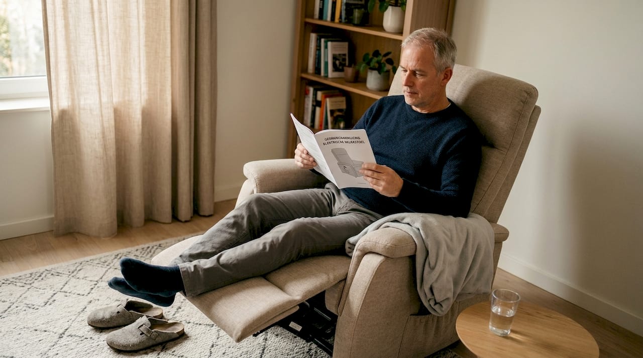 Man verdiept zich in de gebruiksaanwijzing van zijn elektrische relaxstoel