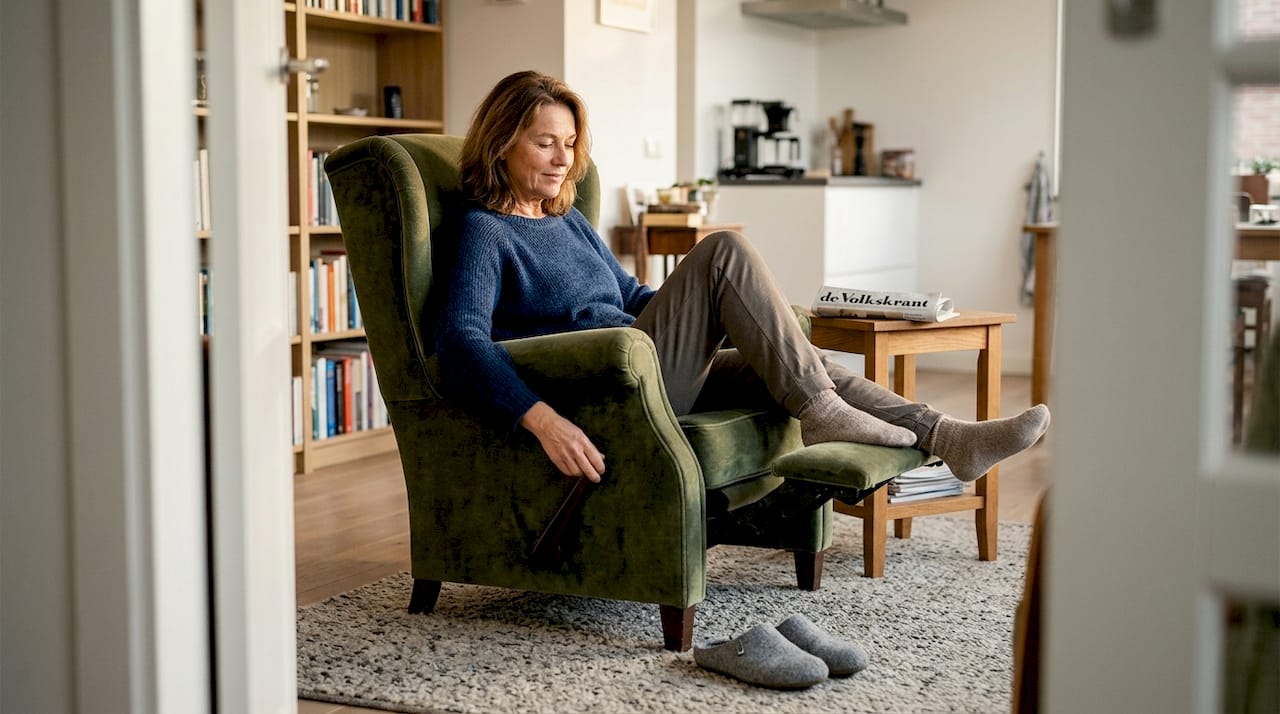 Vrouw stelt de voetensteun in met behulp van een hendel