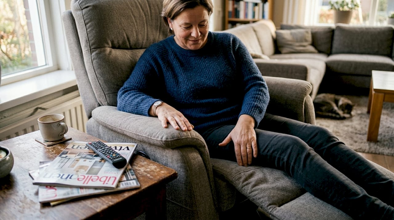 Een hand duwt stevig in de dikke zitting, waardoor het zachte kussen diep meegeeft.