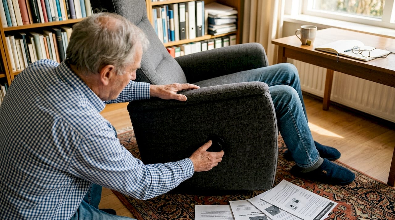 Een man stelt de lendensteun van zijn ergonomische stoel af.
