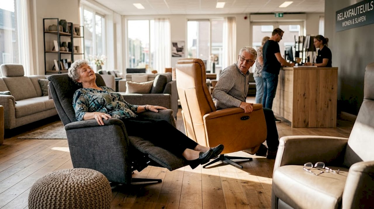 Samen proberen ouderen verschillende comfortabele stoelen uit