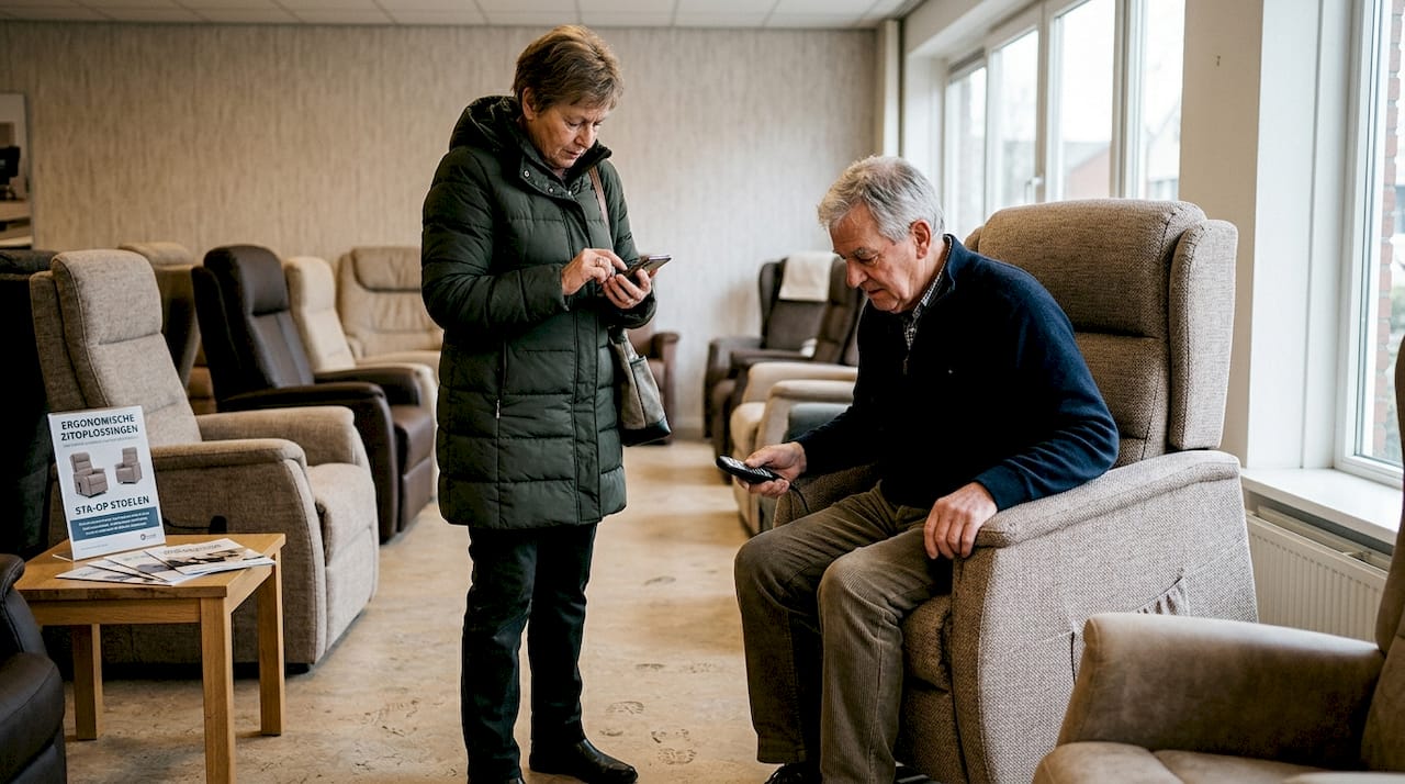 Stel test verschillende relaxfauteuils uit in de woonwinkel