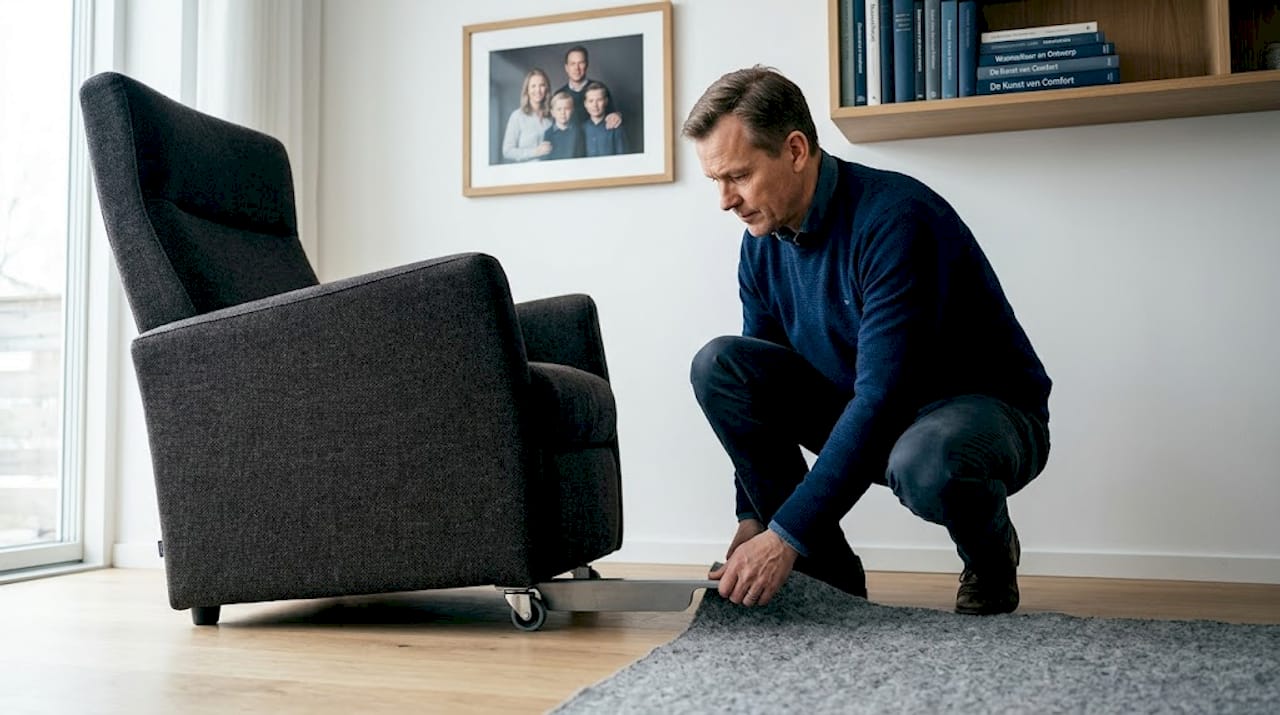 Een man gebruikt een stoelschijf om zijn stoel makkelijker te verplaatsen.
