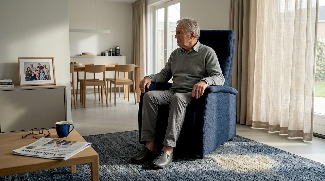 Dankzij zijn sta-op stoel kan deze man weer zelfstandig uit zijn stoel opstaan.