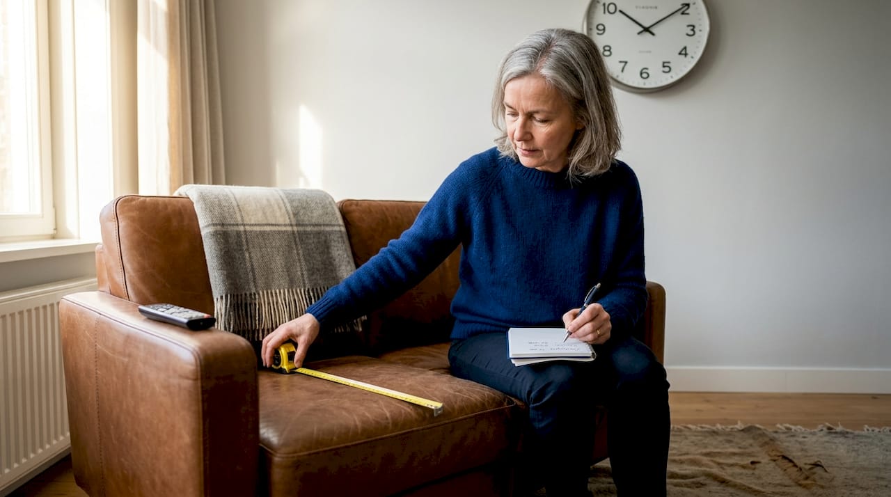 Een vrouw is in de woonkamer bezig met het opmeten van een stoel.