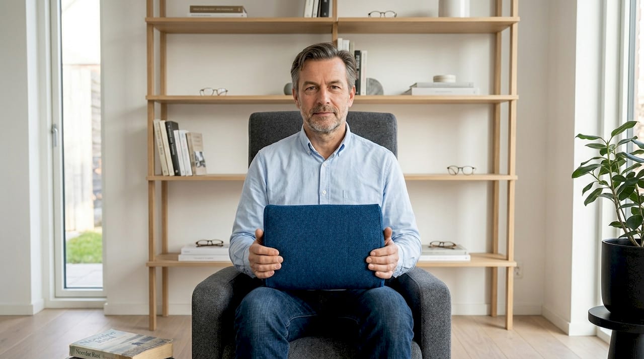Een man legt een nekkussen op zijn relaxstoel om comfortabel te kunnen zitten.