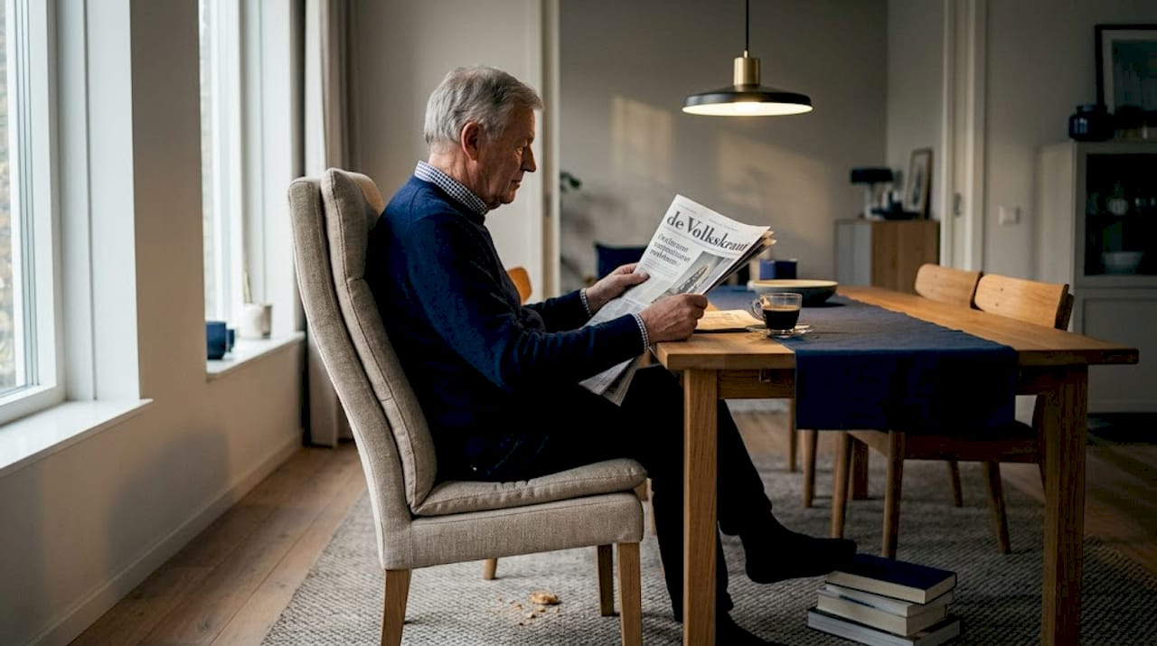 Een oudere man zit comfortabel in een ergonomische stoel en leest rustig de krant.