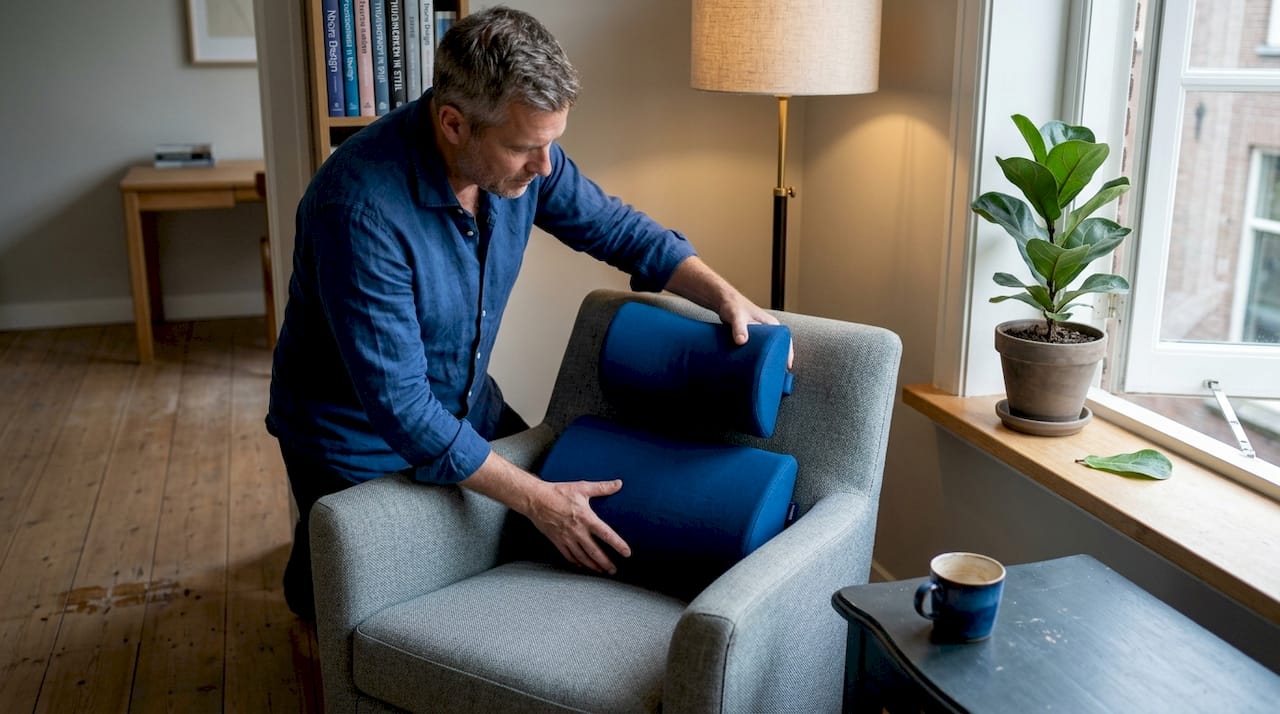 Man legt ergonomische kussens goed in zijn fauteuil