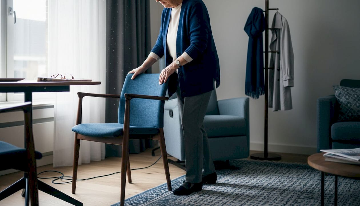 Een oudere dame komt langzaam overeind uit haar stoel in de woonkamer.