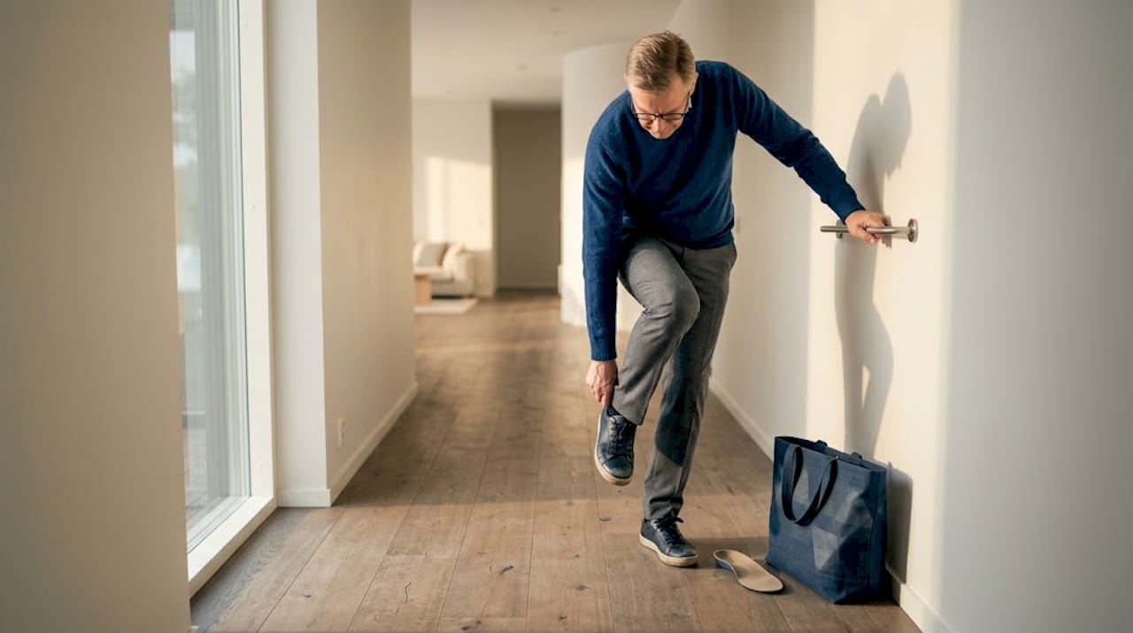 In de gang schuift een man zijn comfortabele sneakers aan.