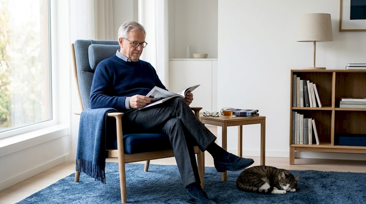 Een oudere man zit rechtop en heeft zijn onderrug goed ondersteund.