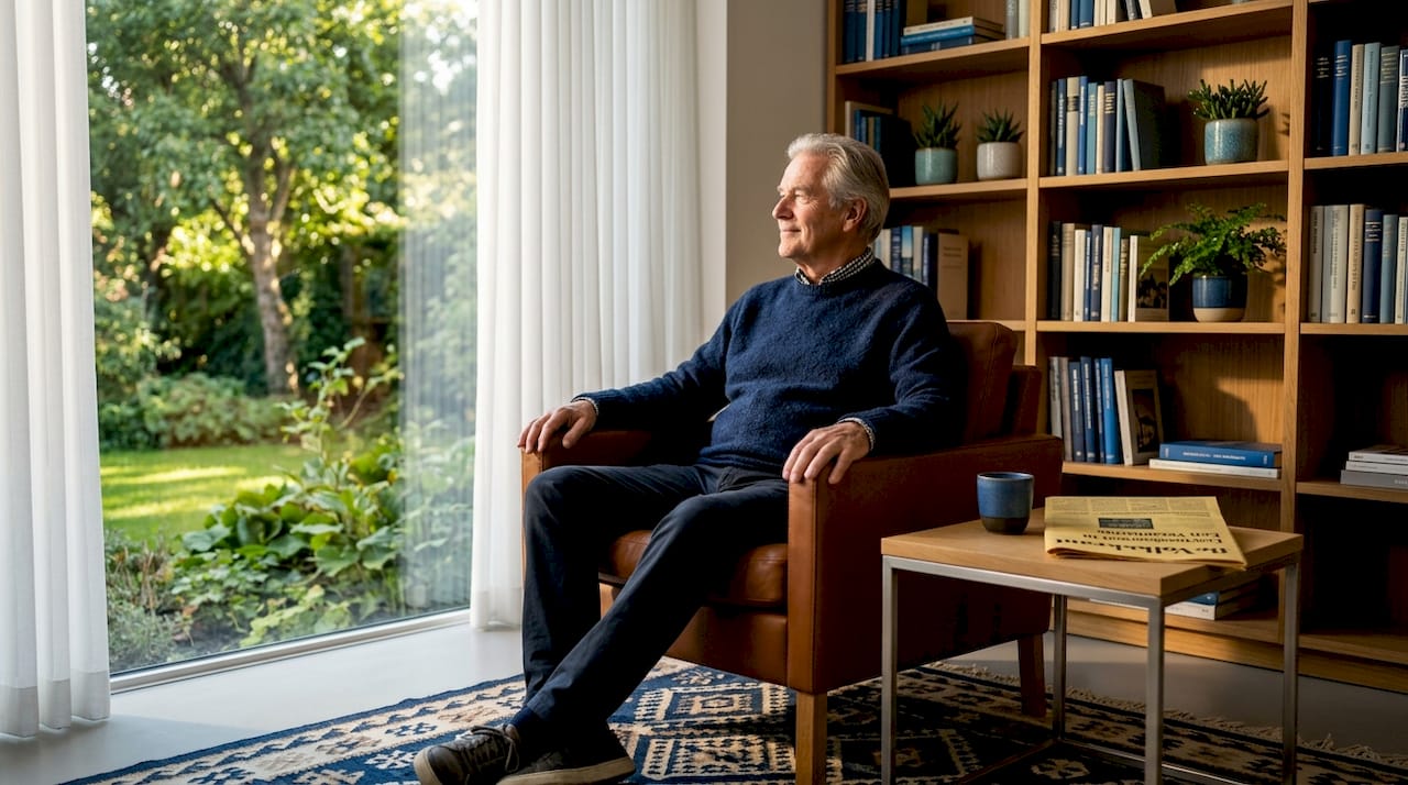 Een man zit ontspannen en rechtop in een comfortabele fauteuil.