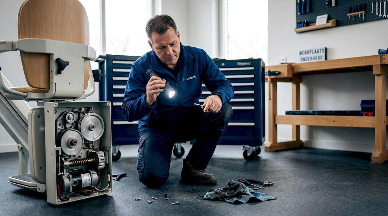 Een monteur inspecteert het mechanisme van de stoeltjeslift.