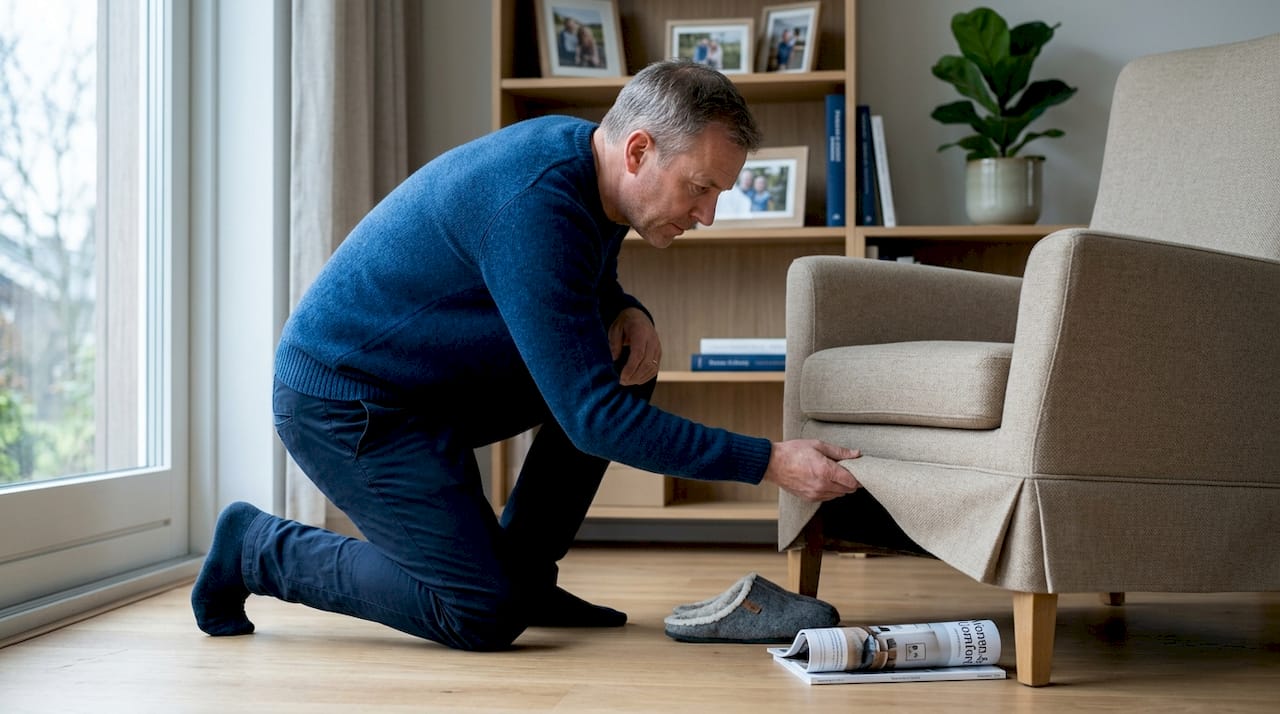 Man zoekt naar spullen onder de relaxstoel van een oudere