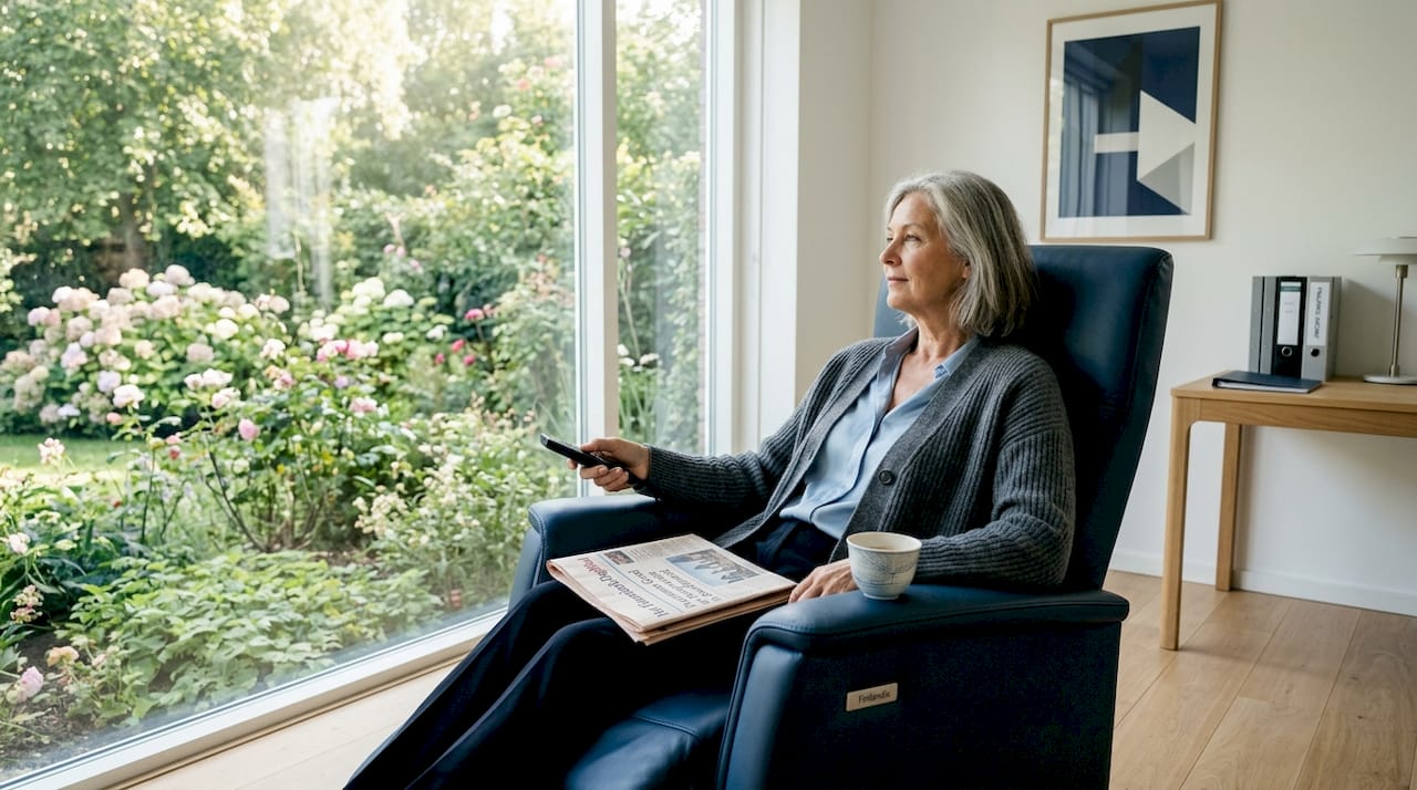 Een vrouw bedient haar elektrische relaxstoel met de afstandsbediening.