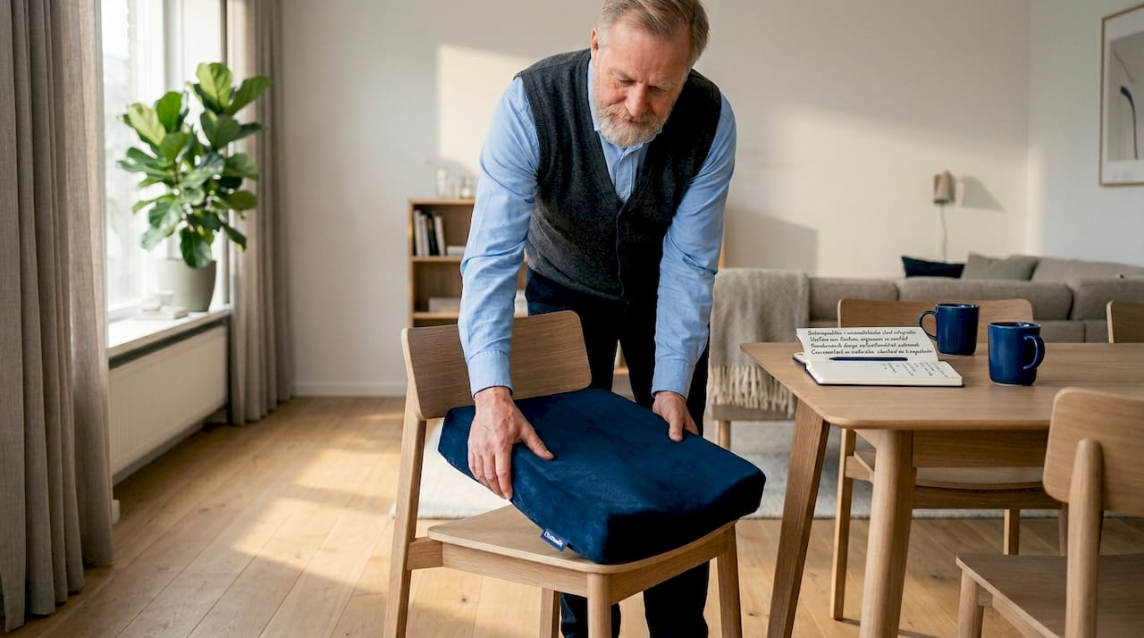 Een oudere legt een kussen van traagschuim op zijn stoel voor extra zitcomfort.