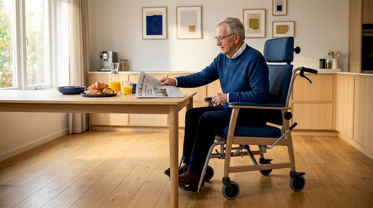 Een oudere heer zit aan de eettafel in een trippelstoel.