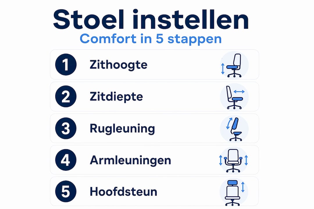 Overzicht: in vijf stappen je bureaustoel goed instellen