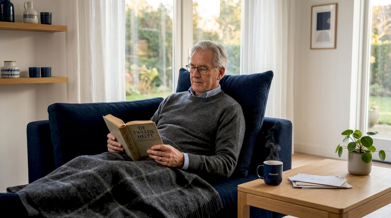 Een oudere heer zit relaxed achterover met een lekker dik kussen in zijn rug.