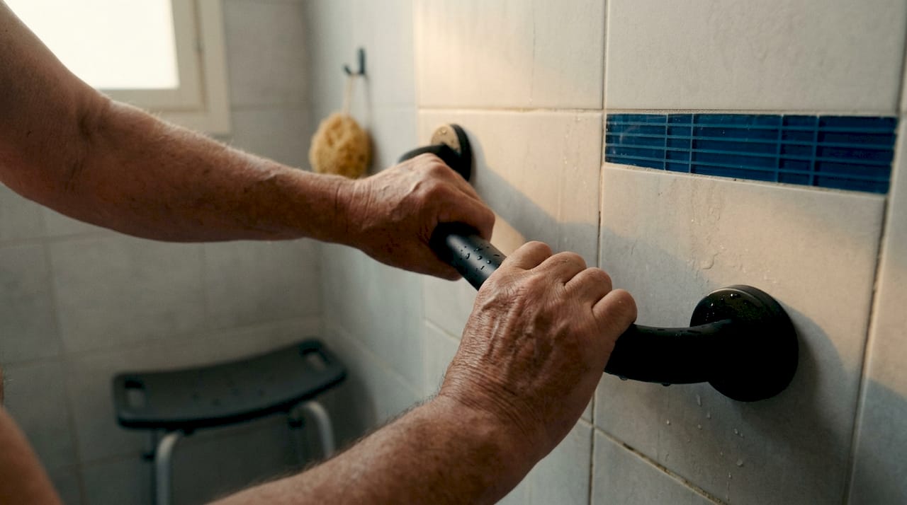 Een oudere houdt zich stevig vast aan een steunbeugel in de badkamer.