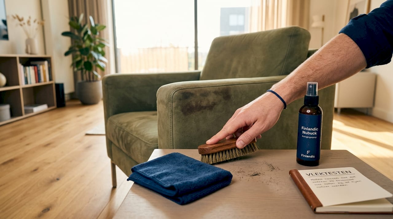 Een onderhoudsmoment voor je nubuck fauteuil: met een zachte borstel het stof en vuil voorzichtig verwijderen.