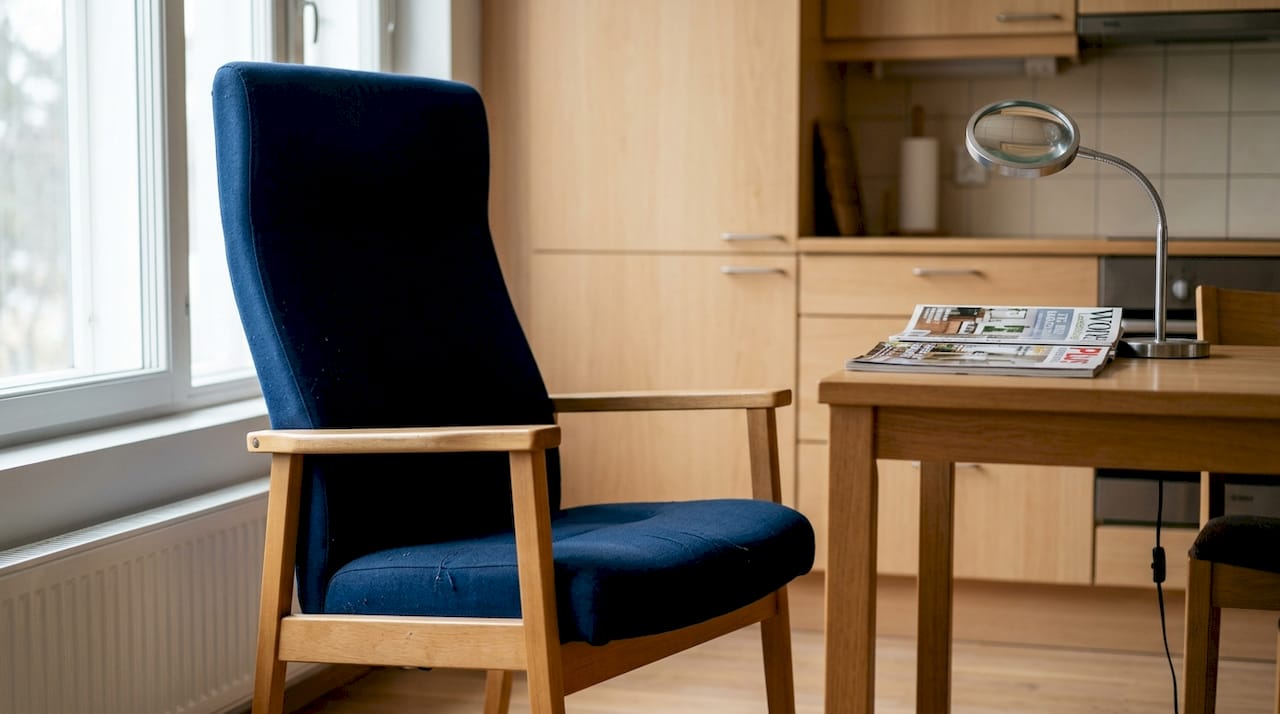 Een comfortabele en stevige stoel in de woonkamer, speciaal geschikt voor senioren.