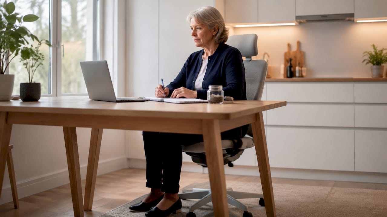 Een oudere dame zit comfortabel en verantwoord aan haar bureau.