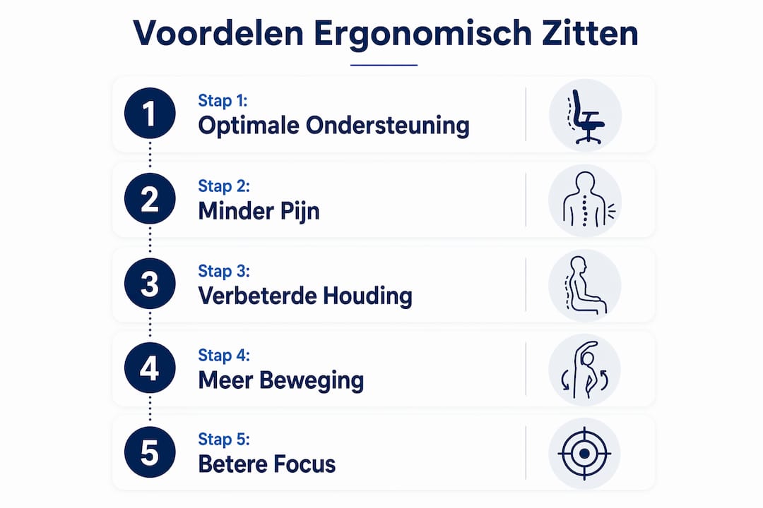 Infographic: stappenplan voor een gezonde zithouding en de voordelen ervan