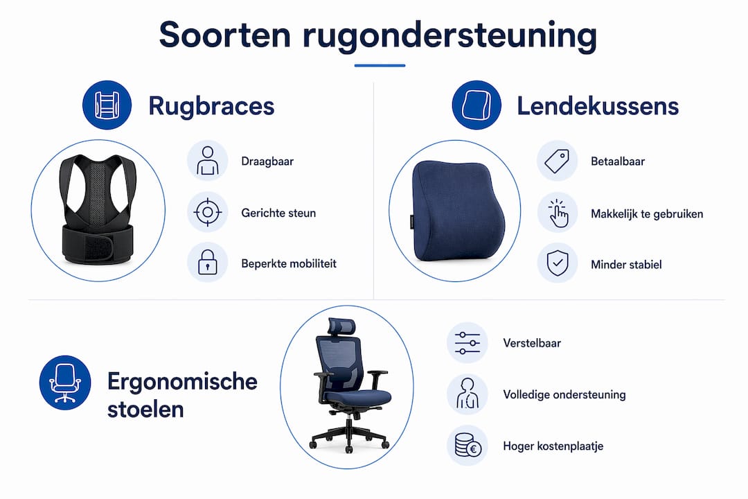 Overzichtelijke infographic: verschillende soorten rugondersteuning naast elkaar gezet, inclusief de voordelen en nadelen per type.