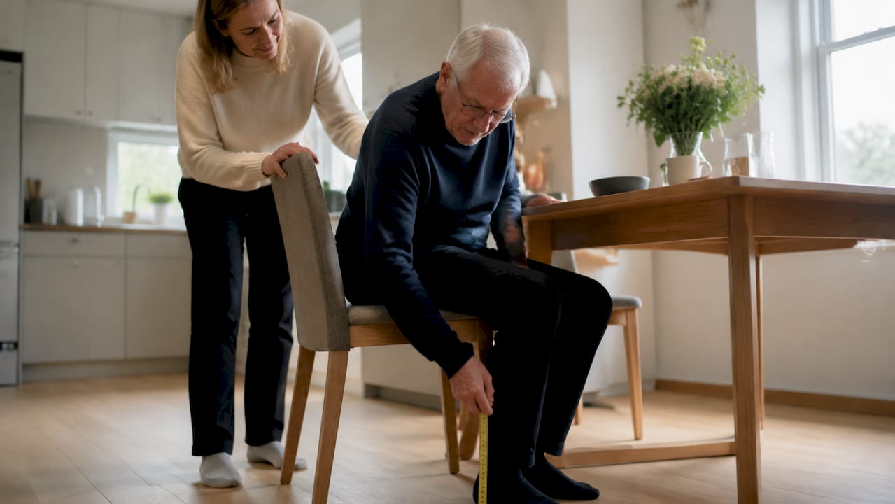 Een oudere man controleert de zithoogte met behulp van een meetlint.