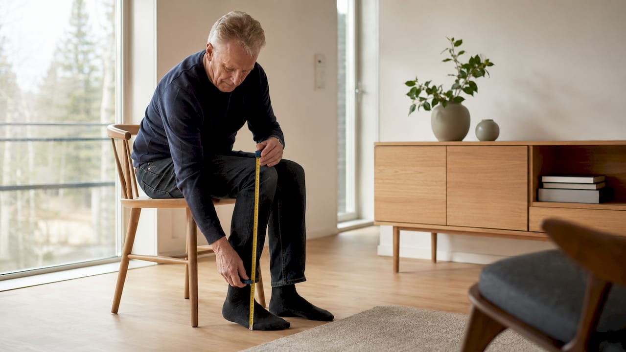 Een oudere man meet de hoogte van zijn knie terwijl hij op een stoel zit.