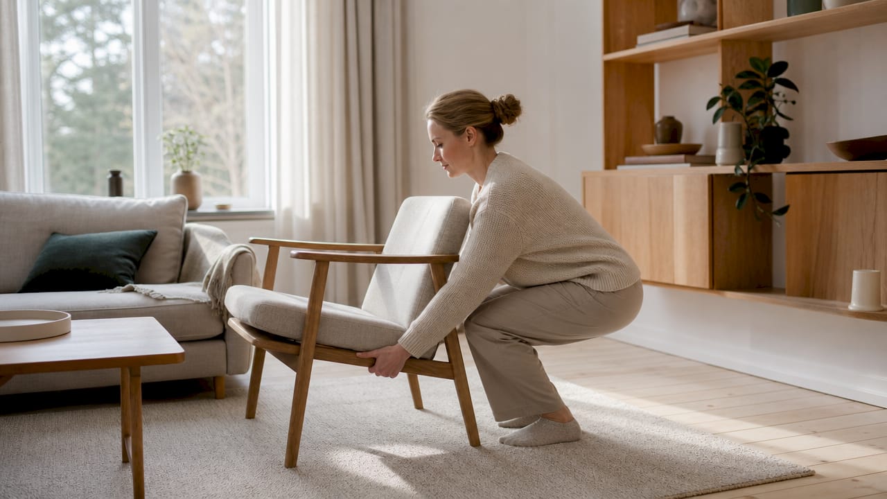 Een vrouw tilt op een verantwoorde en ergonomische manier een stoel op.