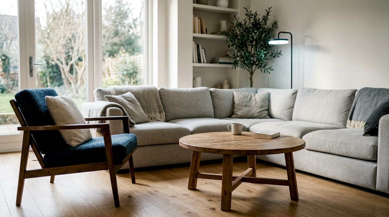 Een comfortabele en veilige zithoek met genoeg ruimte om makkelijk te bewegen, speciaal afgestemd op de behoeften van ouderen.