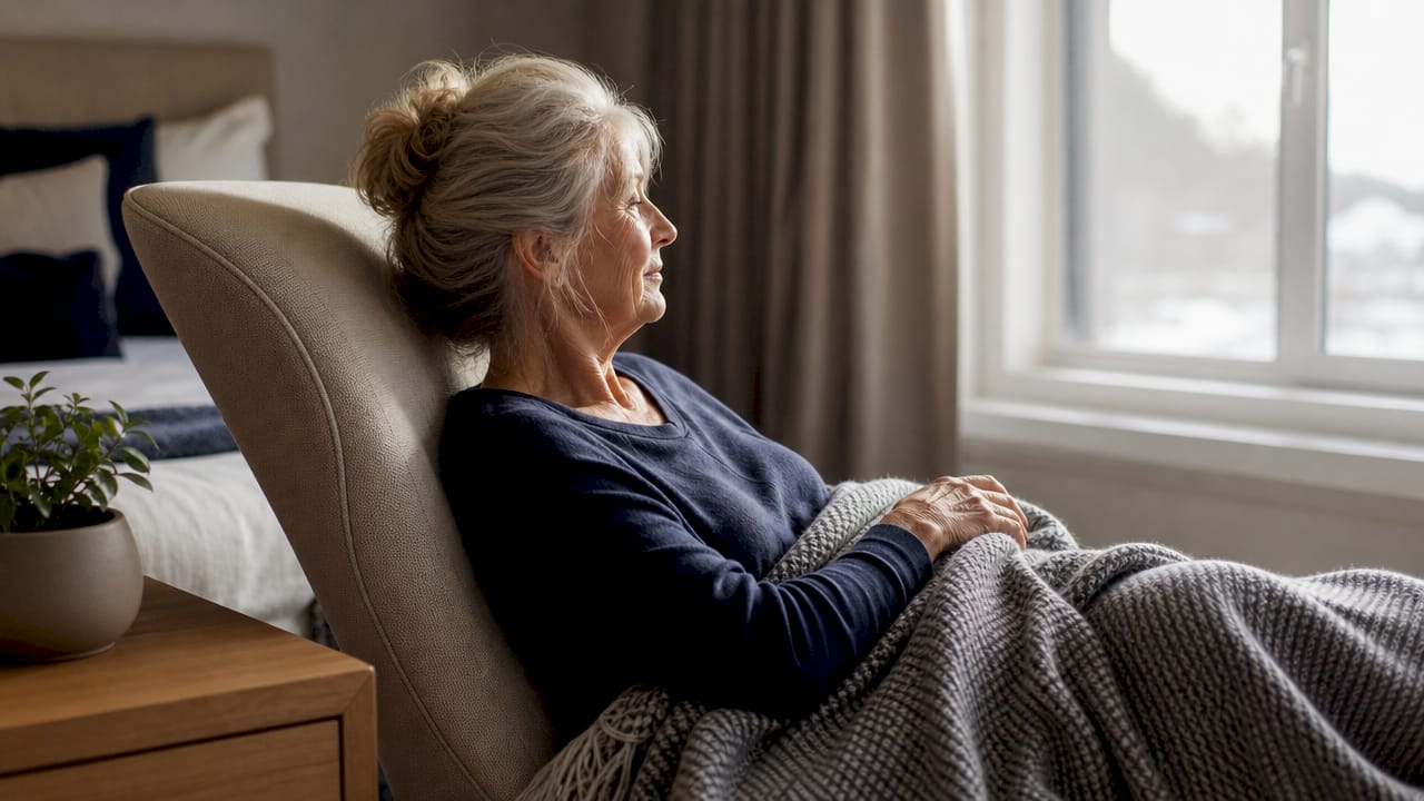 Zijaanzicht van een vrouw die haar nek en schouder ondersteunt