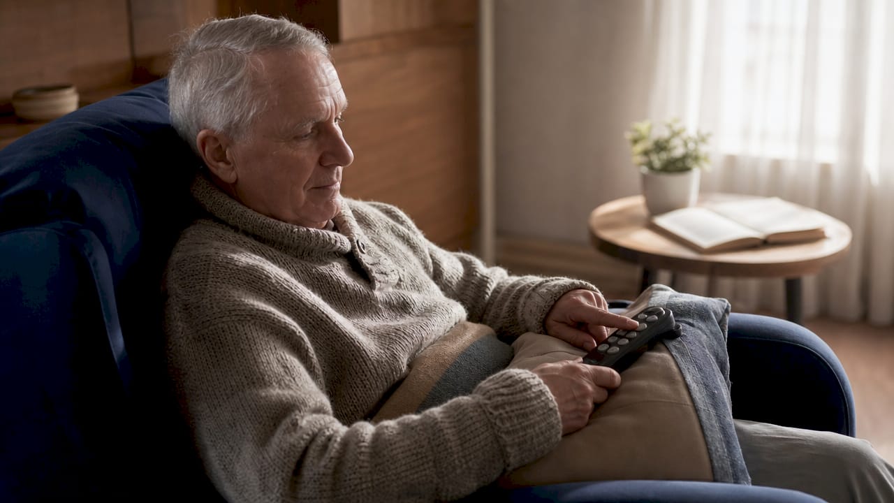 Man gebruikt de afstandsbediening om zijn elektrische relaxstoel te bedienen.