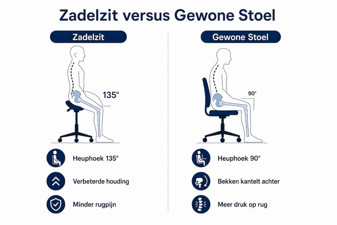 Infographic: de verschillen en voordelen van een zadelkruk versus een gewone bureaustoel op een rij