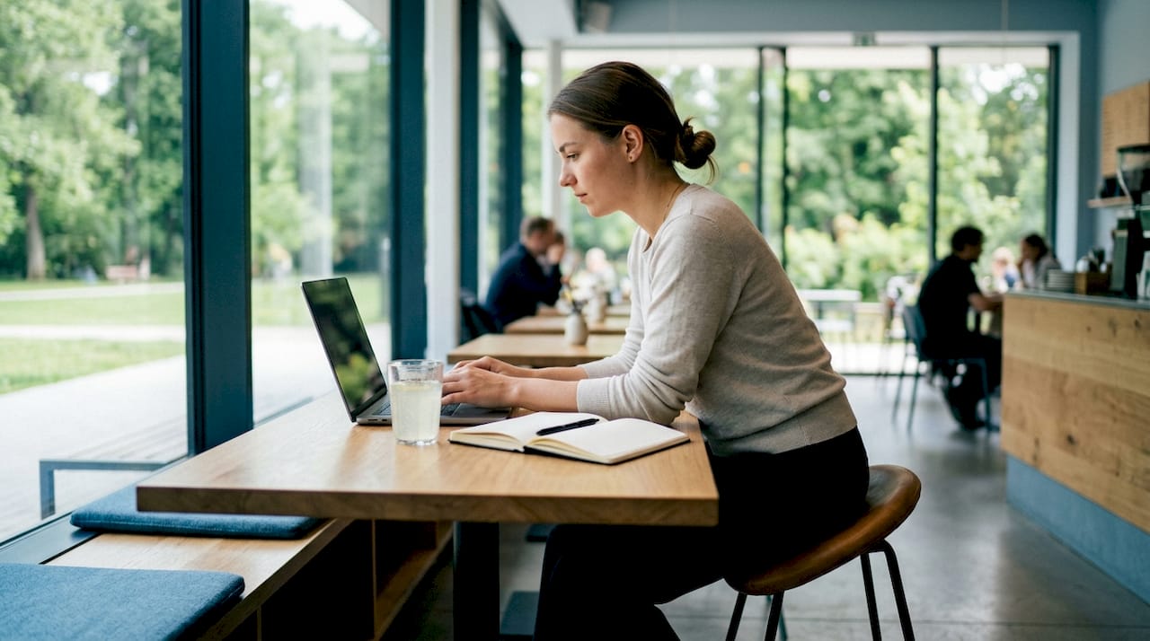 Een vrouw zit actief op een zadelkruk aan haar bureau in een coworkingruimte.
