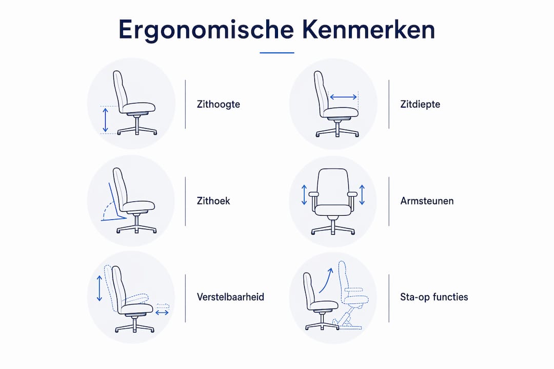 Overzichtelijke infographic waarin de ergonomische eigenschappen van seniorenstoelen stap voor stap worden uitgelegd.