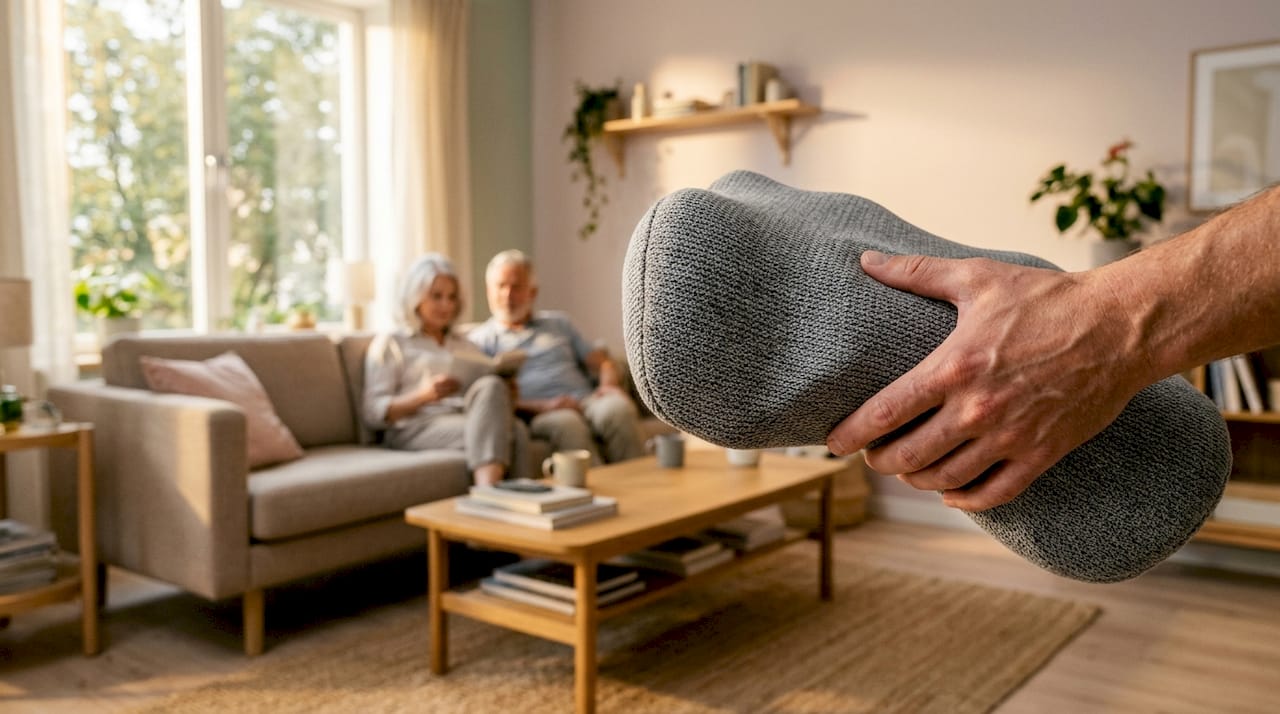 Een hand die een ergonomisch nekkussen vasthoudt terwijl iemand in bed ligt.