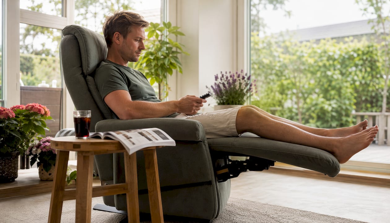 Thuis laat een man zich comfortabel achterover zakken in zijn relaxfauteuil en bedient deze eenvoudig met de afstandsbediening.
