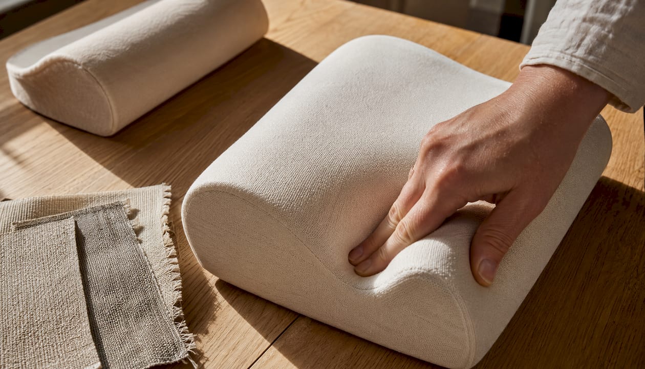 Je voelt met je hand hoe het neksteunmateriaal van traagschuim aanvoelt.