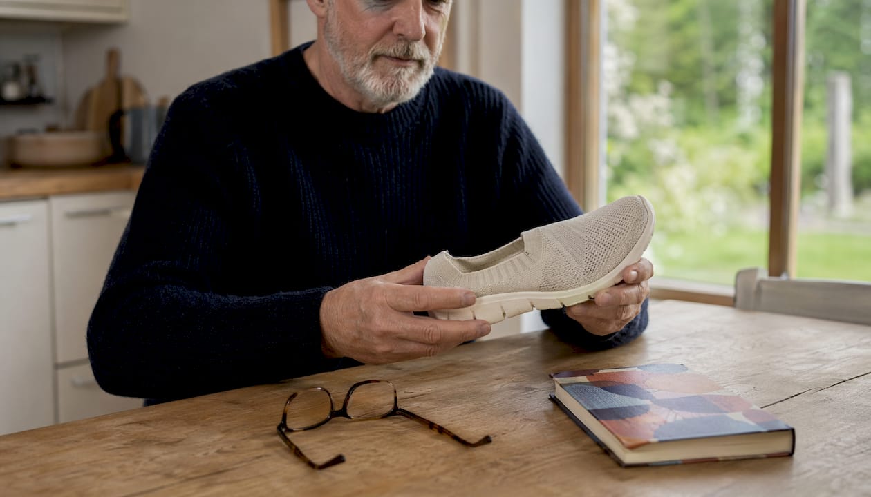 Detailopname van handen die een flexibele schoen vasthouden