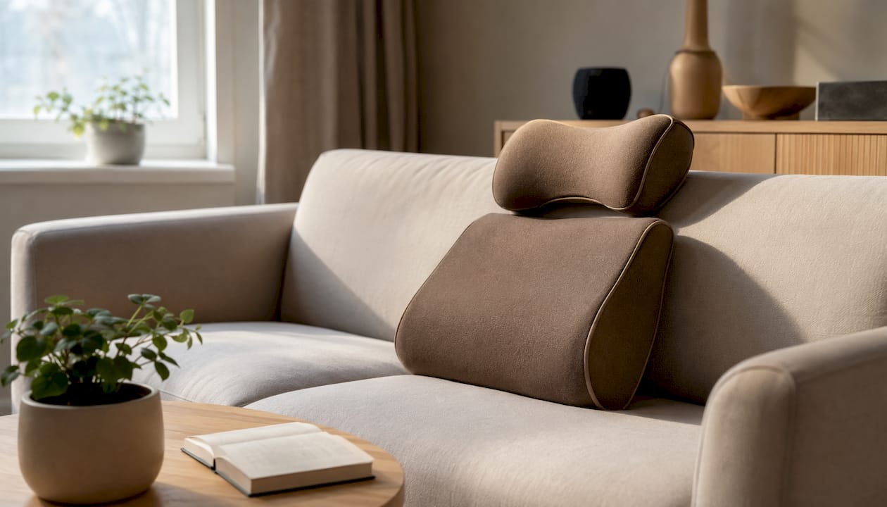 De stoel is uitgerust met ergonomische kussens voor zowel nek als onderrug, zodat je altijd comfortabel zit.