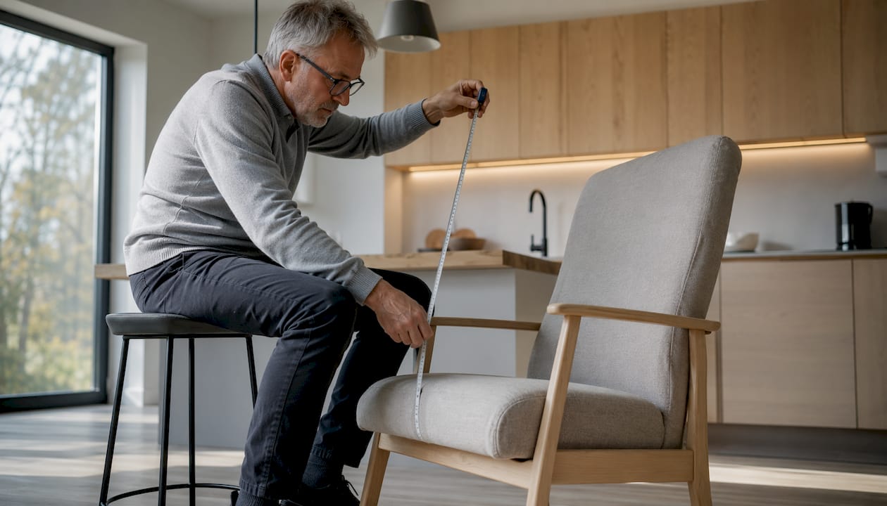Een oudere man is thuis bezig de maten van zijn fauteuil op te nemen.