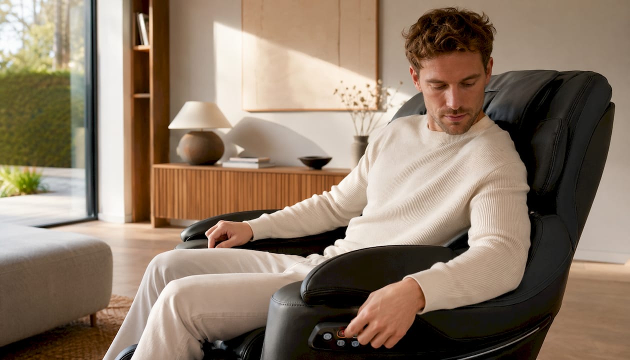 Man schakelt de massagefunctie van zijn relaxstoel in