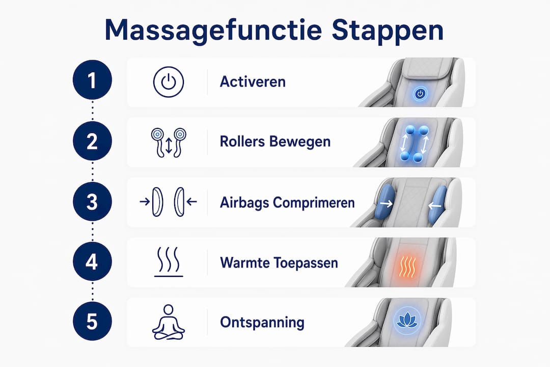 Infographic: de verschillende stappen van de massagefunctie in een relaxstoel in één overzicht